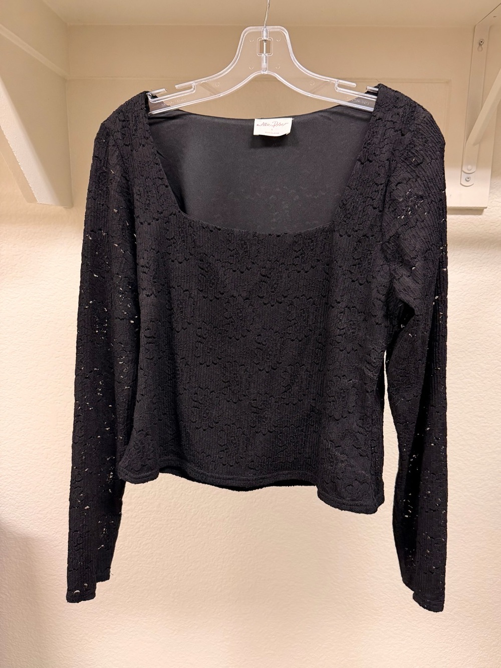 Allie Rose Black Floral Lace Square-Neck Long Sleeve Top